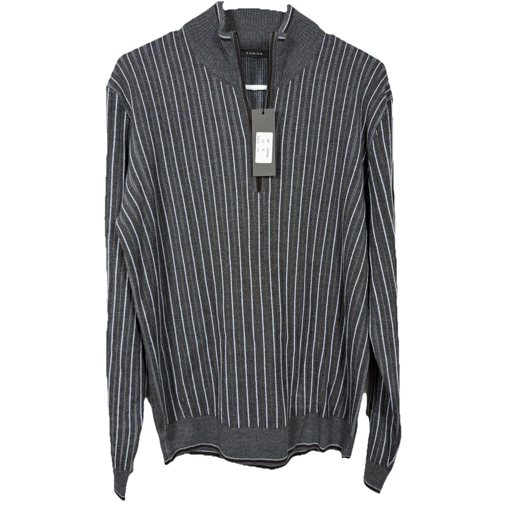 Codice Mens L 50 Merino Wool 1/4 Zip‎ Neck Sweater Gray Blue Stripe Italy NWT